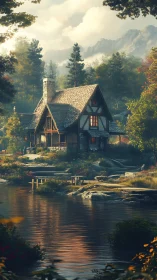 Sunlit cottage nestles by a calm river in soft mountain light