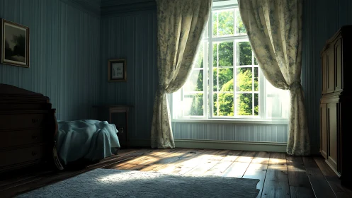 Morning light spilling softly into a quiet blue bedroom.
