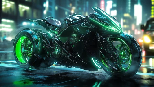Neon night rider: sleek green cyber bike in city rain.