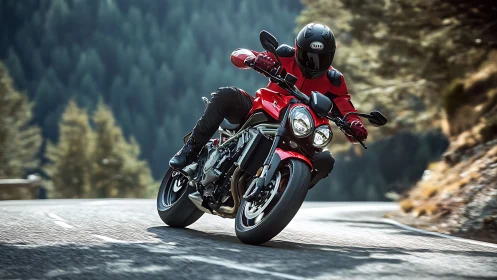 Sport motorcycle leans aggressively through tight mountain bend