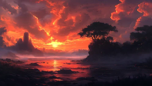 Fiery coastal sunset over misty cliffs and trees.