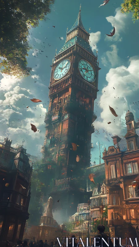 Whimsical clocktower city where sky, leaves and time dance.