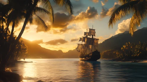 Photorealistic tall ship at tropical bay during golden hour.