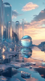 Dreamy crystal shoreline with a serene mirrored sphere.