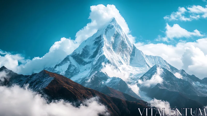 Snow-capped summit framed by dynamic clouds and teal sky.