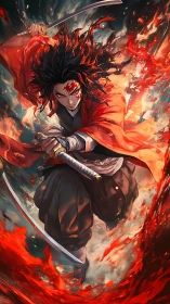 Fire-clad swordsman charges through swirling crimson inferno.