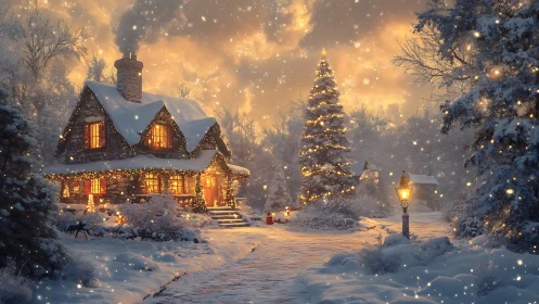 Snowy cottage glow under a softly sparkling winter sky.