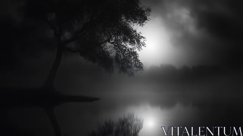 Solitary lakeside tree in moonlit monochrome mistscape.
