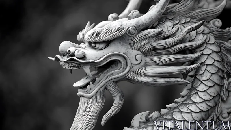 Monochrome close-up of carved dragon head sculpture profile.