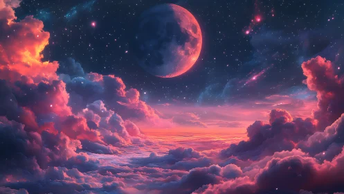 Lunar lantern above cotton candy clouds at cosmic dusk.