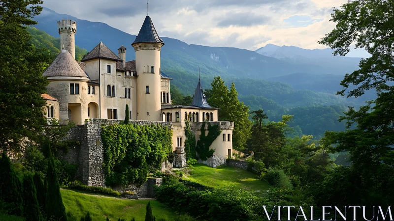 Hilltop stone castle overlooks forested valley at sunset