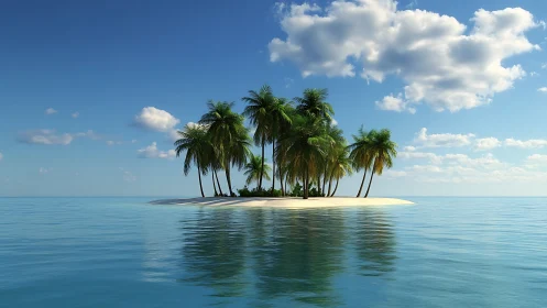 Tropical Palm Island: Solitary Atoll in Serene Waters.
