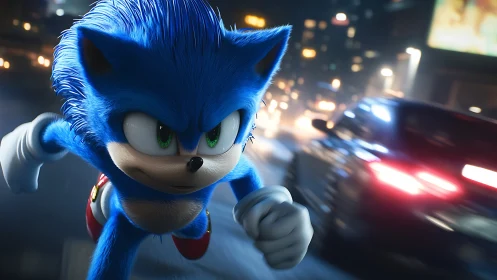 Blue hedgehog sprinting through neon city traffic at night.