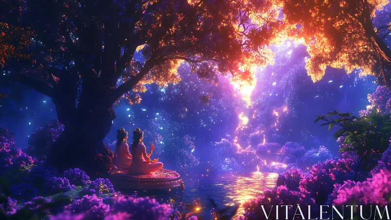Digital painting of mystical figures meditating in luminous grove.