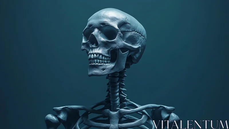 Detailed human skeleton render in cool blue light.