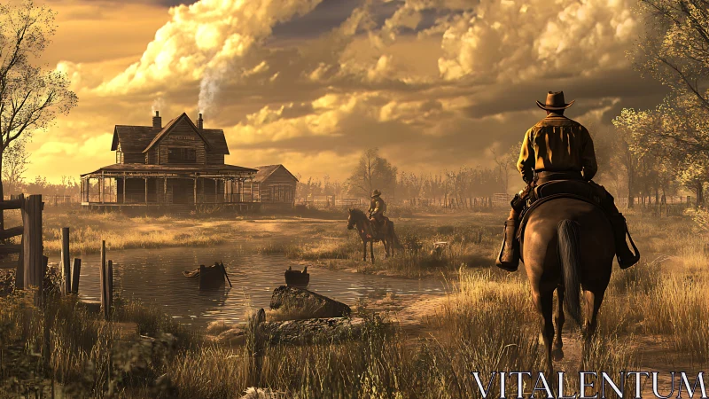 Golden hour cowboys returning home across quiet marshlands.