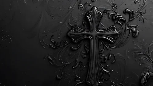 Glossy black cruciform relief with flowing baroque ornamentation.