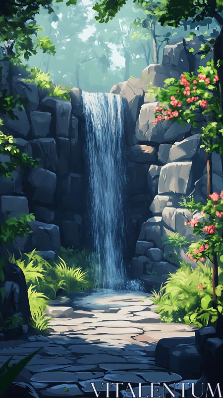 Gentle forest waterfall pours into a sunlit stone clearing