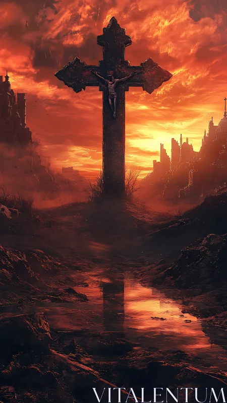Crucifix towers over ruined wasteland beneath burning sky