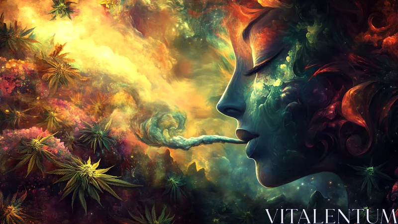 Surreal cosmic portrait with smoking profile and foliage.