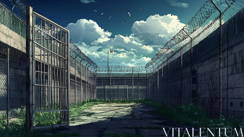 Open prison yard under vast clouds and rusted fences.