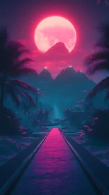 Neon moon rises over tropical mountains and glowing canal