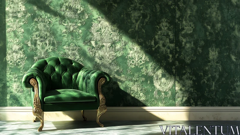 Tufted emerald armchair in raking sunlight against textured plaster wall