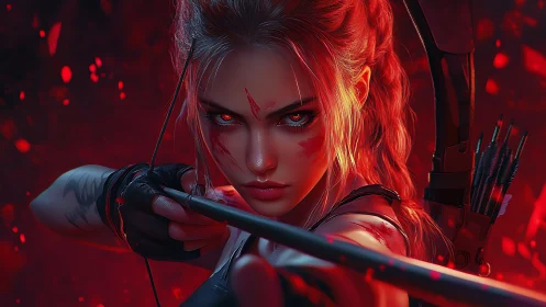 Fiery-eyed archer aims downshaft amid crimson particle field