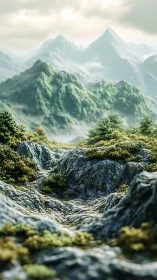 Macro-rendered alpine ravine with procedural rocky terrain depth.