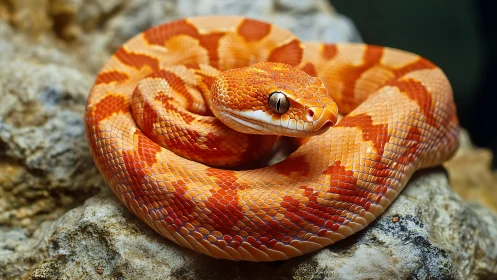 Coiled sunset serpent resting on warm stone ledge.