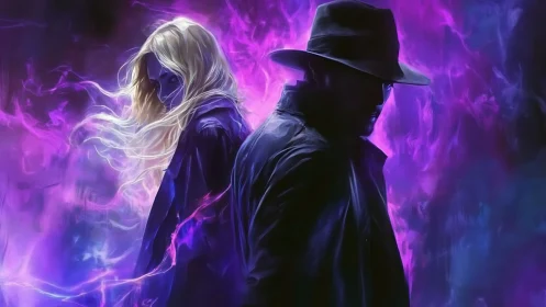 Mystic duo stand in neon violet stormlit magical energy