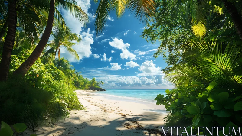 Tropical Beach Cove with Palm Trees and Clear Turquoise Waters.