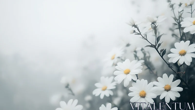 Whispered Petals: Delicate Daisies Dancing in Dreamy Mist.