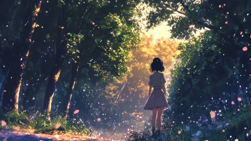 Backlit girl in forest path framed by luminous foliage and petals