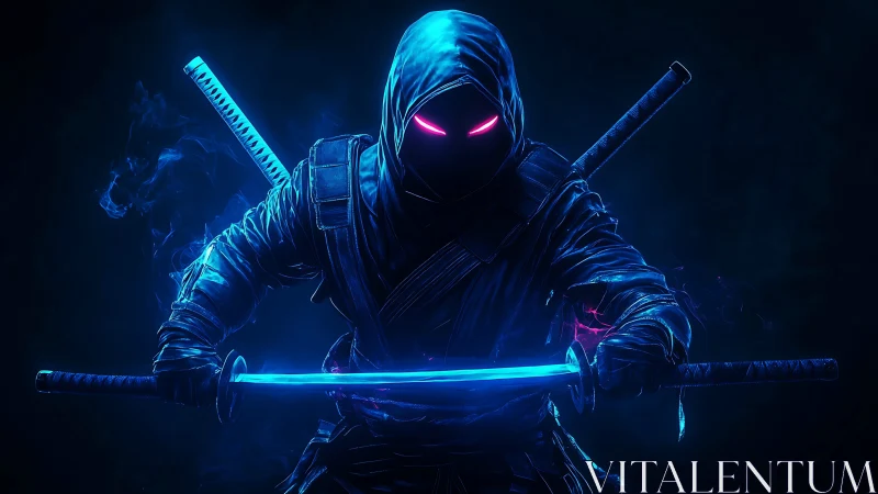 Cyberpunk ninja with dual katanas in neon rim lighting.