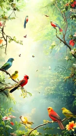 Luminous rainforest songbirds in vertical digital painting.