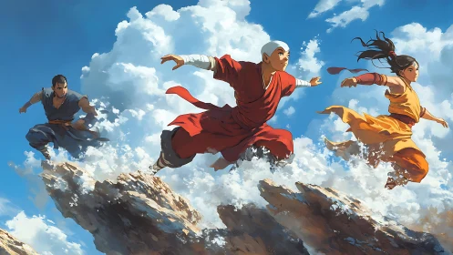 Sky-sprinting monks chase storms across sunlit clouds.