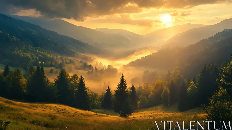 Sunlit mist rolls through storybook valley pines at dawn.