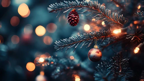 Frosted fir branches hold red bauble under warm lights