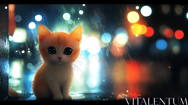Kitten in neon rain, luminescent bokeh backdrop