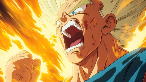 Explosive golden energy aura around shouting anime warrior