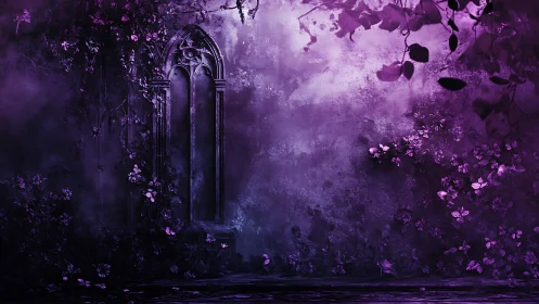 Gothic stone window with overgrown purple foliage at night.
