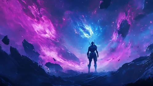 Lone armored explorer confronts swirling cosmic nebula gateway.