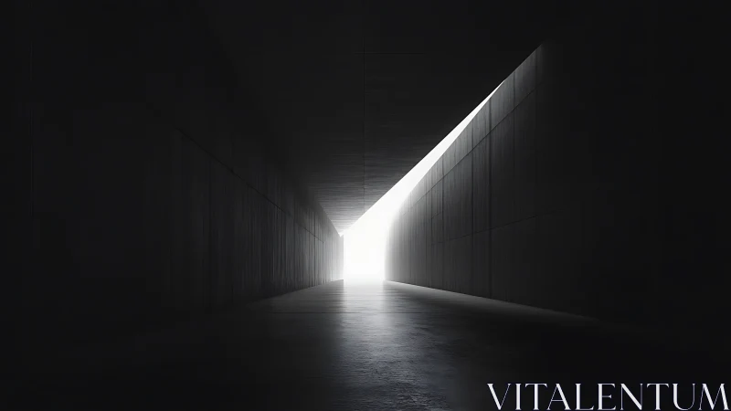 Minimalist concrete corridor opening to bright white light.