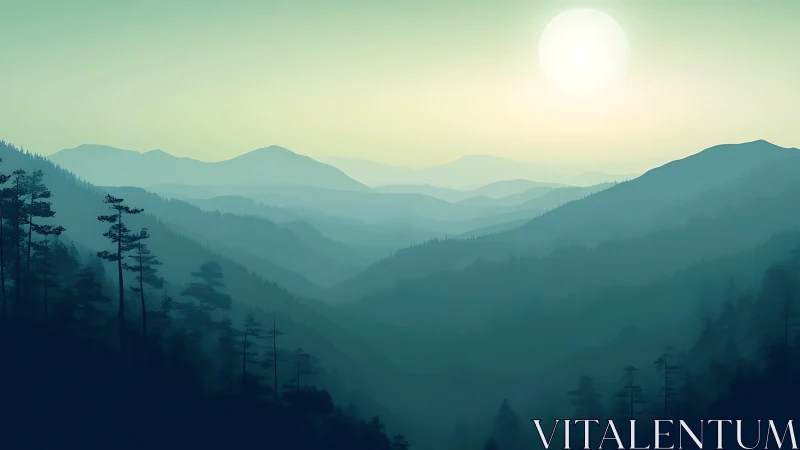 Layered mountain ridges with conifer forest under high sun.