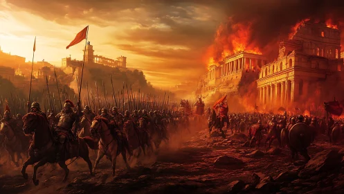 Legions advancing through a burning ancient capital at dusk.