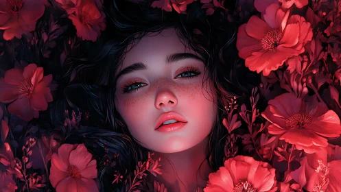 Crimson blossoms cradle a luminous freckled dreamer&rsquo;s face.
