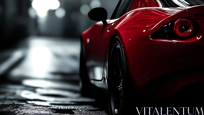 Red sports coupe parked on wet night city street.