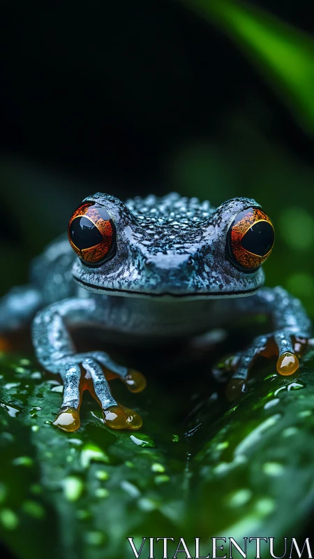Neon-eyed rainforest frog perched on dew-bright jungle leaf.