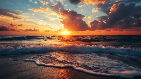 Coastal horizon with low sun, broken clouds, and shore waves.